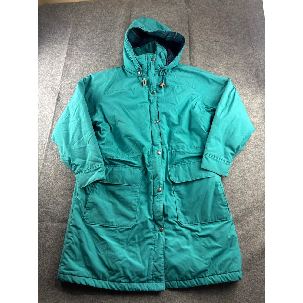 VTG 90s LL Bean Teal Green Hooded Parka Plaid Wool Lined Jacket‎ Womens L USA